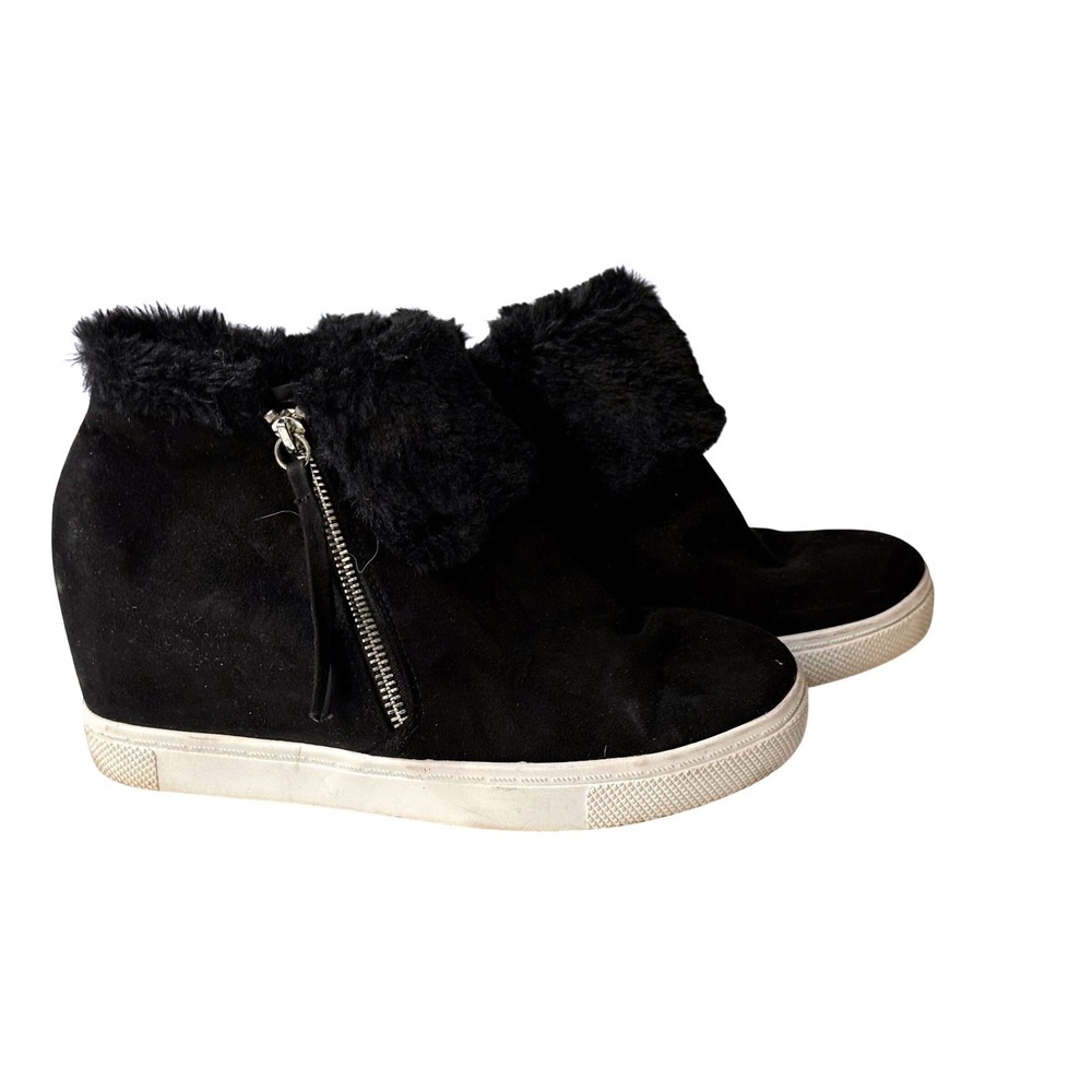 Brash Womens Black Faux Fur Trim Hidden Wedge Sneaker Booties Size 9